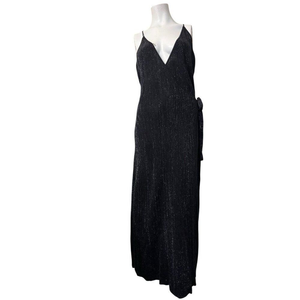 Zara Med Black Metallic Wrap Maxi Dress Metallic Slinky Sleeveless Cocktail NWT